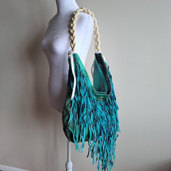 Just Cavalli Women's Python Snake Leather Green/Blue Shoulder Bag - Picture 5 of 16